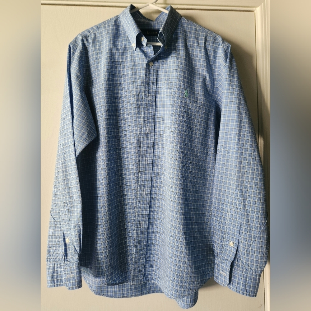 Ralph Lauren Blue Plaid Button Down Shirt Men's Size Large EUC $39